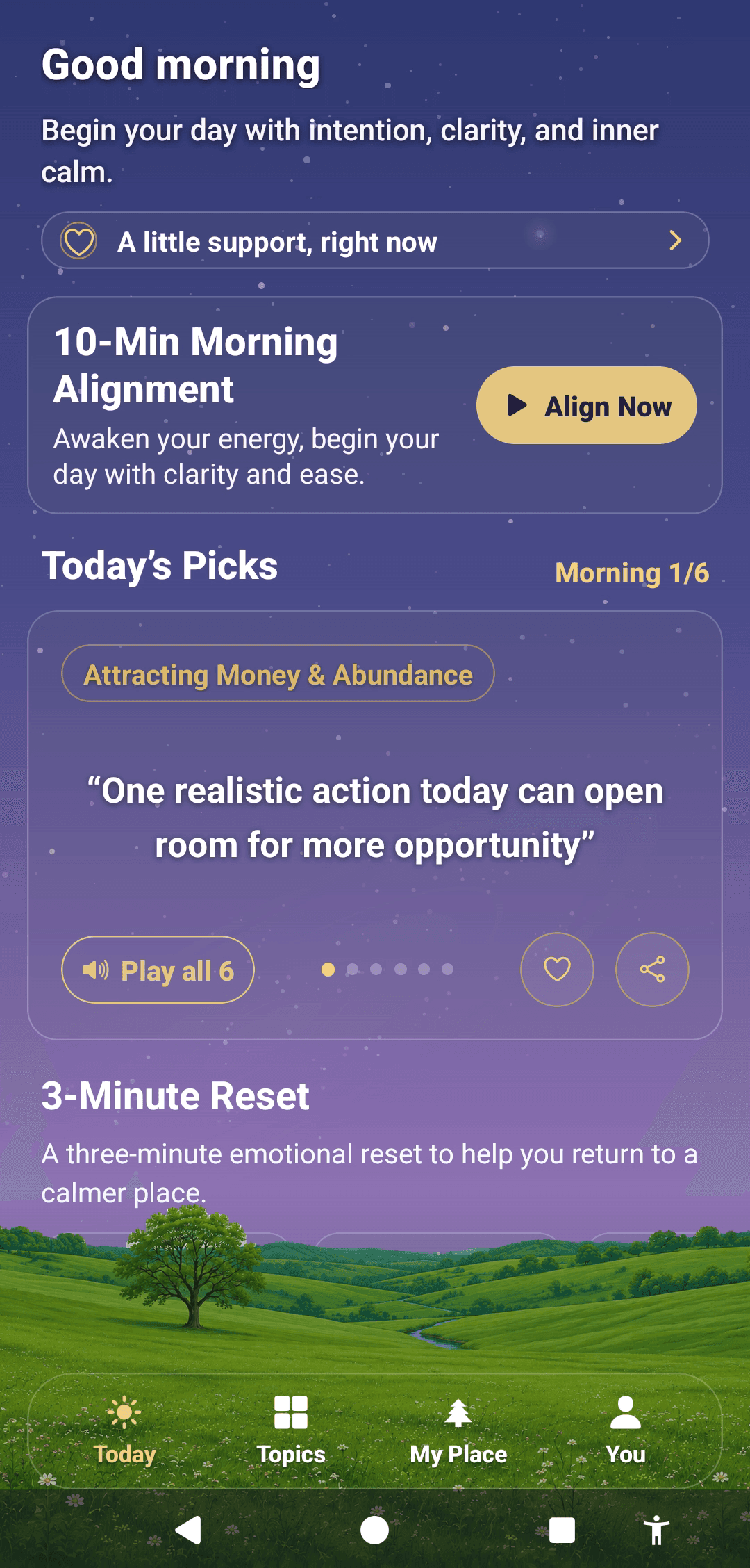AnchorMind Today screen at morning with a guided practice and daily affirmations